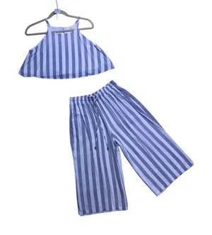 Allie Rose 2 Piece Set Women Small Blue White Striped Crop Top Pants AT5831 thumbnail 1