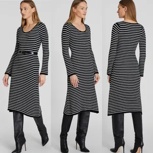 Club Monaco Black And White Striped Ribbed Midi Sweater Dress With Bell Sleeves thumbnail 2