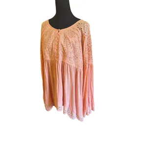 Free People Peach Embroidered Boho Tunic Top Small Sequin Eyelet Bell Sleeve thumbnail 4