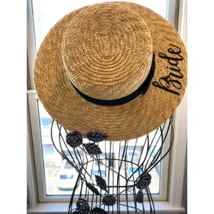 Bride Custom Wicker Straw Hat w/ Black Bow Hand Painted Vynl thumbnail 4