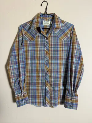 Wrangler 80s Wrangler blue, metallic, brown, and white plaid western shirt thumbnail 1
