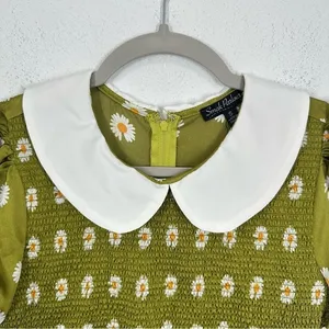 Smak Parlour Modcloth Retro Green Daisy Smocked Mini‎ Dress Peter Pan Collar NWT thumbnail 4