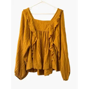 Free People Bonnie Ruffle Square Neck Peasant Top Women Sz Large Buttery Yellow thumbnail 2