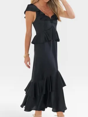 NWT Show Me Your MuMu Reese Ruffle Dress Satin Black SIZE XSMALL thumbnail 2