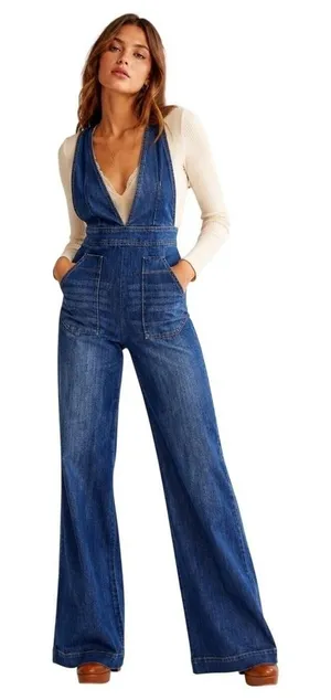 Dollhouse Blue Denim Jumpsuit Wide Leg V-Neck Crisscross Back 9/10 thumbnail 1