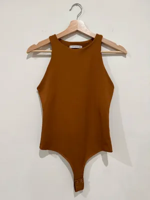High Neck Sleeveless Bodysuit in Camel Brown thumbnail 4