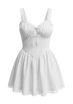 White Milkmaid Mini Dress Cottagecore Coquette Fairycore Western Ribbon Tie thumbnail 1
