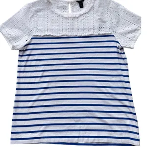 J.Crew Womens XS Mixed Media Eyelet Lace Striped Short Sleeve Top Blue White thumbnail 10