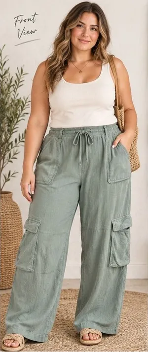 T&S by Thread & Supply Cargo Pants Sage Green Wide Leg XL Drawstring Waist thumbnail 1