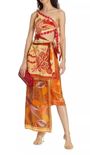 Farm Rio Forest Mixed Scarves Midi Dress Sz Large New thumbnail 1