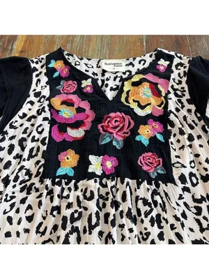 Savanna Jane Mini Dress 2X Beige Black Leopard Floral Multicolor Embroidery Boho thumbnail 2