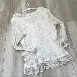 Romantic Bohemian Blouse crinkle pleat lace womens White one size cottage fairy thumbnail 3