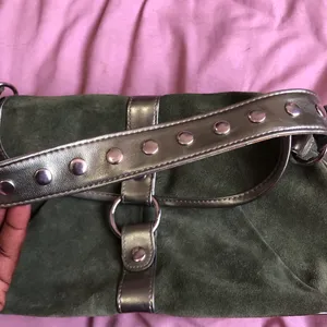 Y2K 2000s Green Suede Shoulder Baguette Hand Bag Purse Grunge Mcbling Silver Studs O-ring #Biker #Alt #Whimsygoth #Baddie #Trendy Measurement in pics thumbnail 3