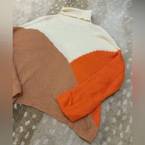 Pink Lily Colorblock Orange cream tan turtleneck sweater women’s size XL thumbnail 3