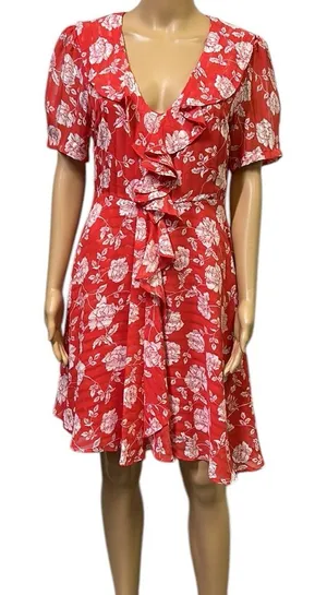 Lulus Ximena Coral Red White Floral Print Ruffled Mini Dress Womens Medium thumbnail 1