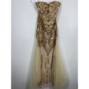 Angel Fashions Strapless Gold Sequin Beaded Long Gown Dress Women Size L thumbnail 3