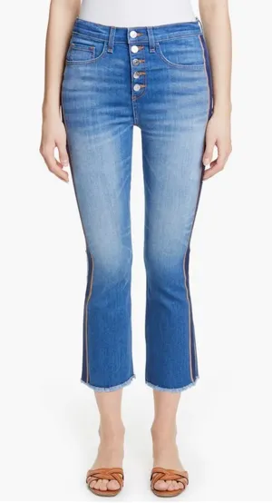 NWOT Veronica Beard Carolyn 10" baby boot high-rise jeans blue & gold tuxedo stripes size 28 thumbnail 1