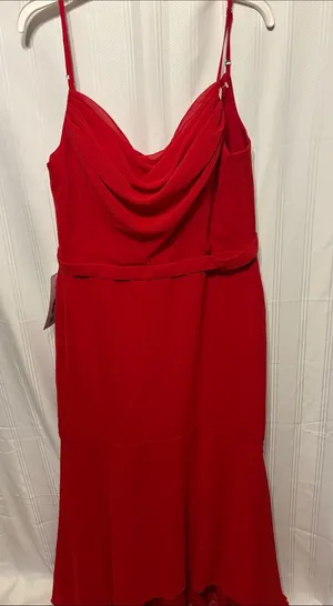 Azazie Red Draped Cowl Strapless Evening Dress thumbnail 1