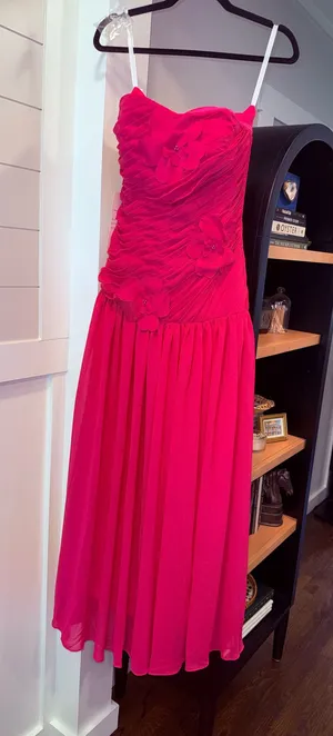 Fuchsia Chiffon Strapless Pleated Maxi Dress with 3D Flowers thumbnail 1
