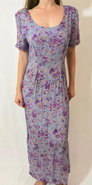 Retro Light Purple Floral Vintage Rayon Prairie Picnic Casual Dres thumbnail 1