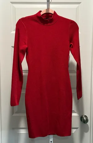 Guess Red Mock Neck Sweater Dress‎ Size M NWT Bodycon Ribbed Knit Chic thumbnail 1