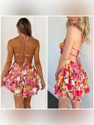 Luxxel Pink Yellow Floral Tiered Ruffle Romper Open Back Lace Up Size Medium thumbnail 3