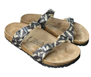 Birkenstock Birkis Tahiti Zebra Stripe Rhomb Glitter Two Strap Sandals Size 7 thumbnail 1