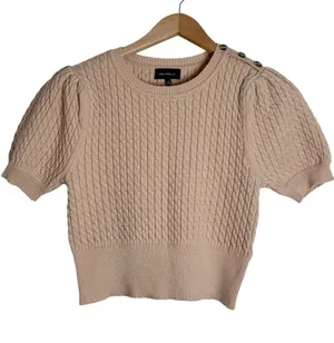 MAJORELLE Revolve Cable Knit Puff Short Sleeve Sweater Tan Button Shoulder sz S thumbnail 1