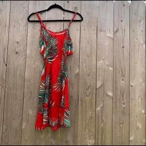 Red &‎ green palm leaf tropical dress size small Hawaiian spring summer beach thumbnail 5