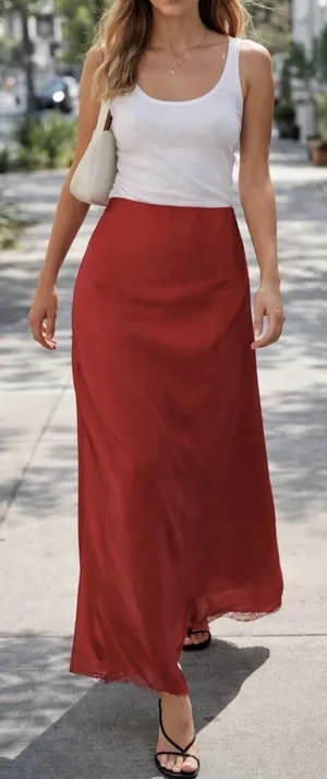 AG Adriano Goldschmied Red Midi Silky Skirt‎ with Lace Trim Size Small NEW thumbnail 1