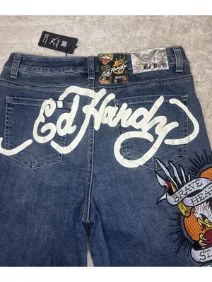 Ed Hardy medium wash embroidered eagle heart tattoo wide leg denim jeans Size 30 thumbnail 9