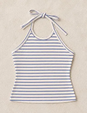 American Eagle Blue & White Striped Halter Tank Top Size M Coastal Summer thumbnail 1