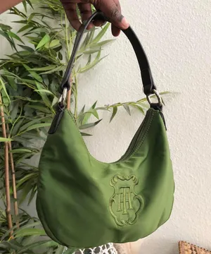 Tommy Hilfiger Unique Green large monogram print shoulder hand bag purse- preppy, schoolgirl, collegiate, academia Approx 9.5” wide x 5.5” tall Great preloved condition thumbnail 2