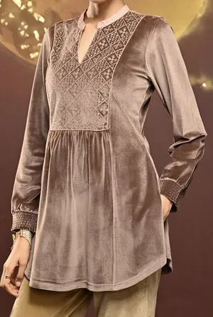 Lakshita Chocolate Brown Velvet Tunic Embroidered Sequin Regency Boho thumbnail 1