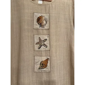 Vintage 90s Coastal‎ Linen Seashell Maxi Dress Tan thumbnail 3