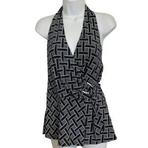 WHITE HOUSE BLACK MARKET Navy White Geometric Halter Wrap Top Silver Ring Size M thumbnail 2