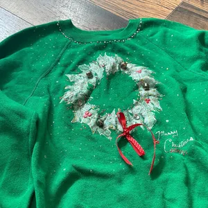 Vintage Green Puffy Paint Christmas Wreath Lee Sweater Women’s Size Large thumbnail 2