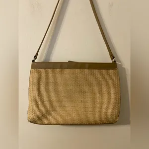 VTG Fossil Woven Straw and Leather Shoulder Bag 75082 Beige Tan Pink Plaid Lined thumbnail 2