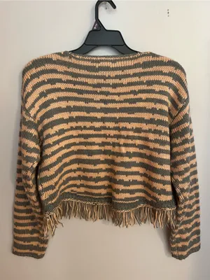Storia Striped Fringe-Hem Cropped Sweater - Taupe & Gray thumbnail 2