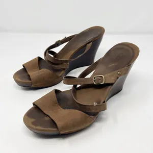 UGG Strappy Brown Leather Women's Wedge Sandals Size 9 Open Toe Ankle Strap thumbnail 3