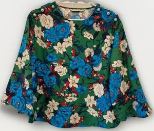Zara Green Blue White Preppy Floral Bell Sleeve Modest High‎ Neck Blouse Size S thumbnail 1