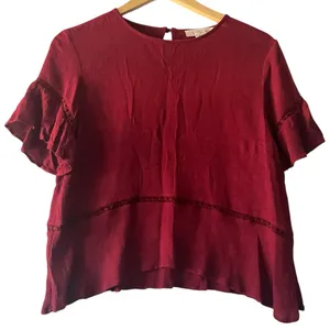 Shilla Chic Burgundy Ruffle Sleeve‎ Blouse Women's Sz S Boho Casual Lace Cut Out thumbnail 1