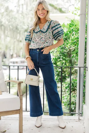 Entro Floral Detail Puff Sleeve V-Neck Peter Pan Collar Blouse Hunter Green Multi thumbnail 2