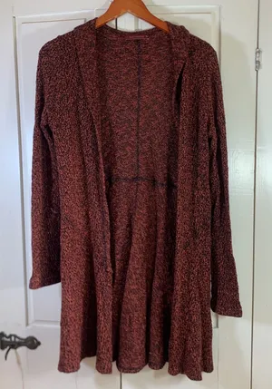 Cut Loose Womens Rust Black Marled‎ Knit Hooded Longline Cardigan Sweater Medium thumbnail 1