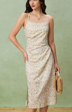 Rihoas Yellow Floral Ruched Slip Midi Dress thumbnail 1