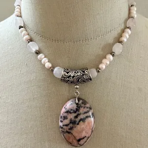 Sterling Silver Rhodonite Pendant Necklace w Freshwater Pearls thumbnail 1