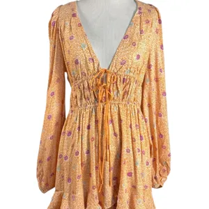 Free People Bohemian Gypsy Tiered Ruffle Maxi Dress Size Large Plunge Billowy thumbnail 9