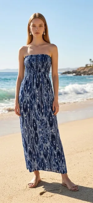 Vervet Velvet Blue and White Patterned Smocked Maxi Coverup thumbnail 1