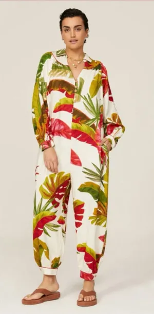 Farm Rio Spring Forest Tropical Vacation Linen Blend Jumpsuit thumbnail 1