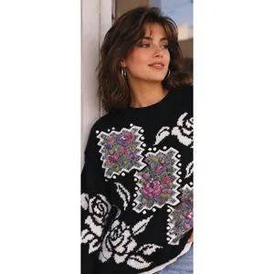 Vtg 90s Grandma Sweater L Black‎ Floral Ramie Cotton Textured Patchwork Cottage thumbnail 16